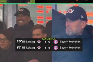 高兴早了……莱比锡领先时克洛普大笑庆祝，随后被灌5球一脸苦闷