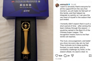 米特里策晒中超最佳阵奖杯：感谢信任和认可，这还只是开始